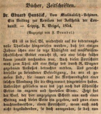 Franz Brendel, Kritik von Vom Musikalisch-Schönen, Neue Zeitschrift für Musik, 16.02.1855